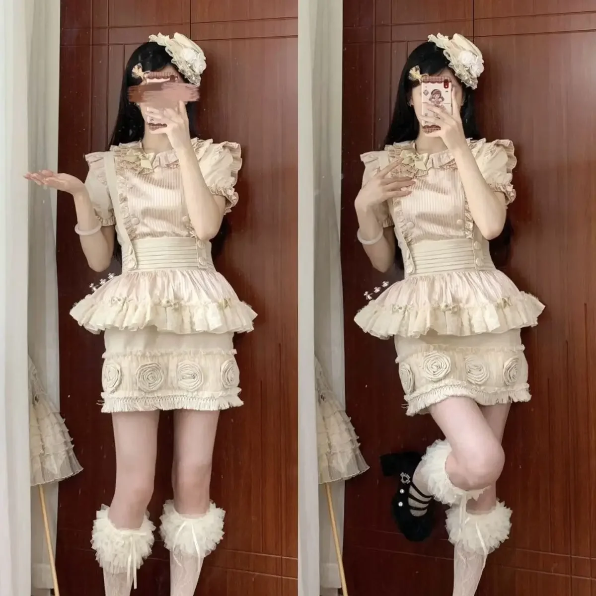 2025 Японский дизайн Лолита Топ и юбка на подтяжках Комплект для женщин и девочек Ретро рубашка с короткими рукавами с рюшами Юбка с бутоном цветка Комплект из 2 предметов