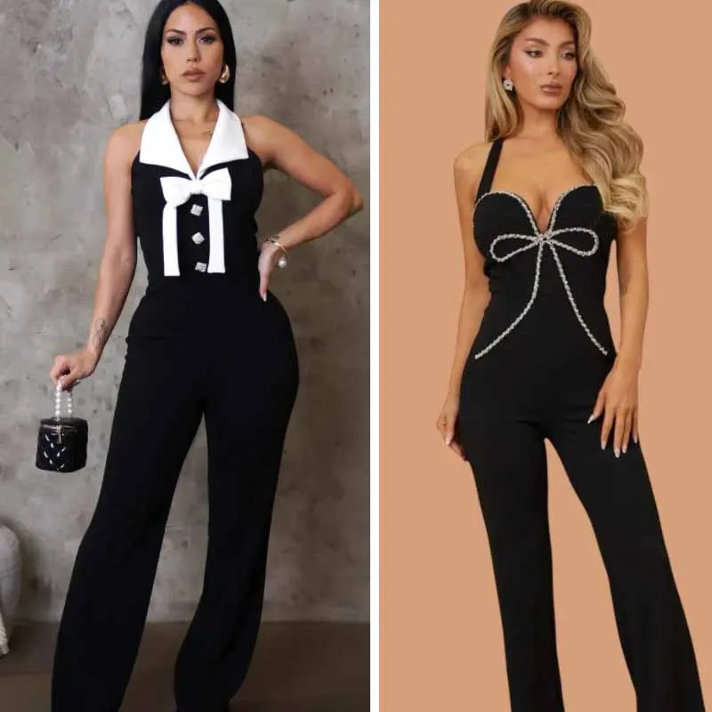 

Sexy Nightclub Party Halter Neck Bow Tie Crystal Long Pants Jumpsuits For Women Sleeveless Sports Fitness Jumpsuit One Piece