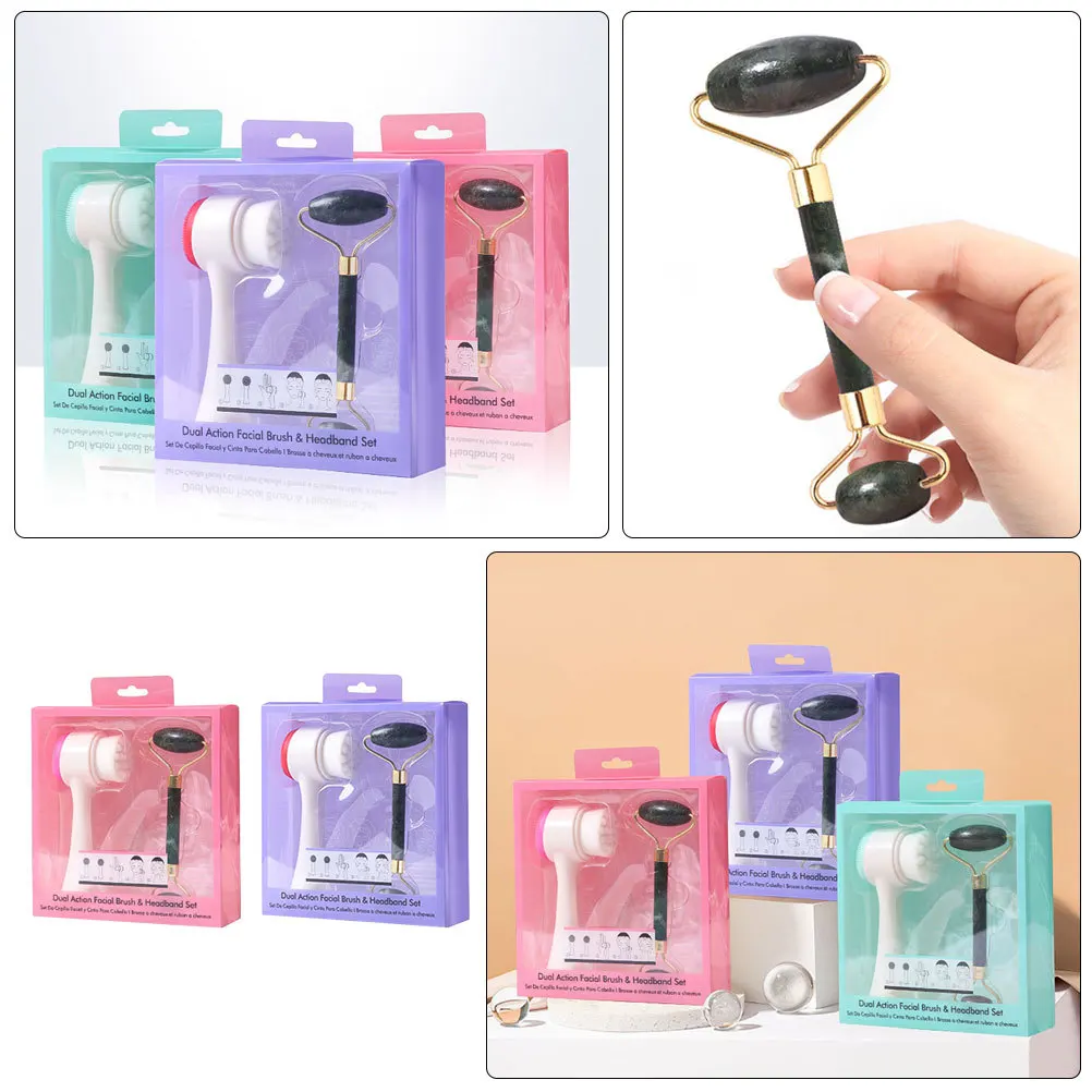2 pz Rullo di Giada Manuale Set di Spazzole per la Pulizia del Viso Double-Sided Viso Occhio Collo Massaggiatore Strumento Fornitura per la Cura della Pelle Scrubber per il Viso