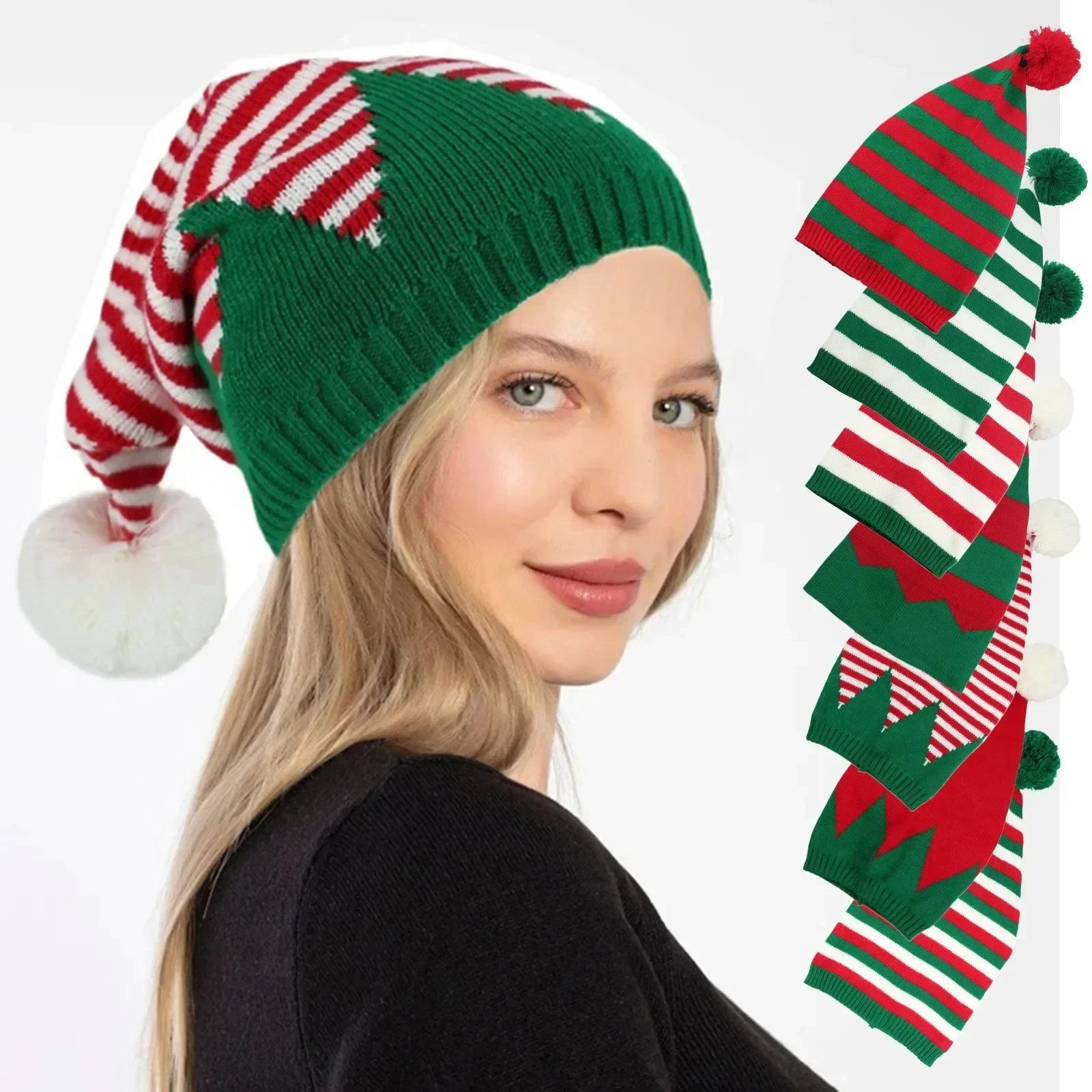 

Adult Christmas Knitted Hat Elf Santa Beanies Santa Claus Red Green Striped Knitted Crochet Hat Merry Christmas Happy New Year