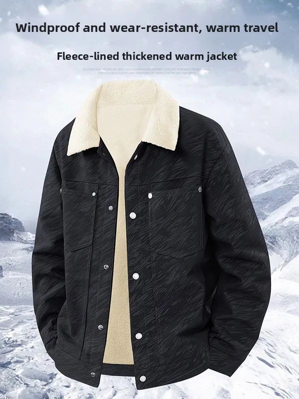 

Men's Thiened Faux Lamb Velvet Jaet Stand Collar Warm Windproof Casual Cotton Clothes Long Sve Stand Fit Winter Coat