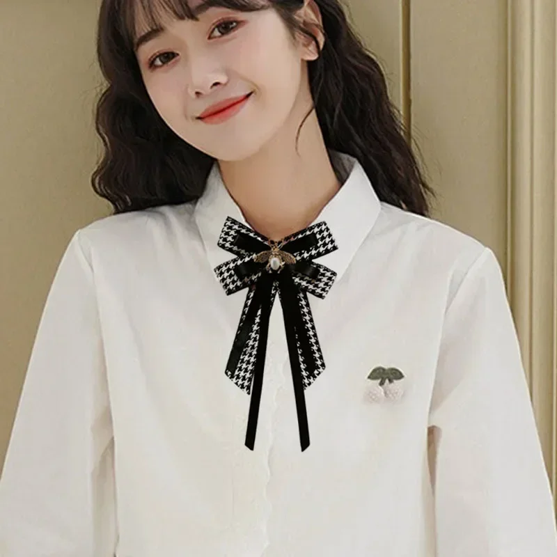 

Bow Tie for Women Korean High-end College Style Pearl Rhinestone Houndstooth Bowtie Shirt Pin Collars Flower Female Accessories