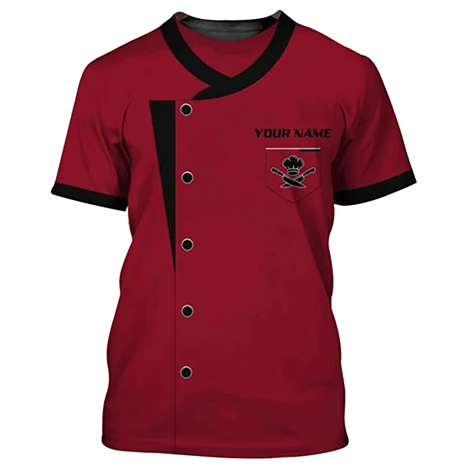 Camiseta de Chef para hombre, uniforme de trabajo con estampado 3D de Color de contraste, ropa de trabajo de manga corta para restaurante y cocina, disfraz superior de servicio de comida