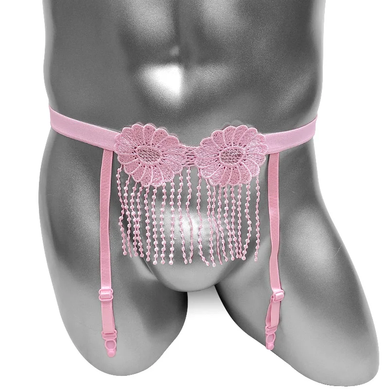Sissy Men Sexy Lingerie Pink Lace Flower Beaded Fringe Garter Belt Thong Adjustable Crossdresser Panties Fetish Cosplay