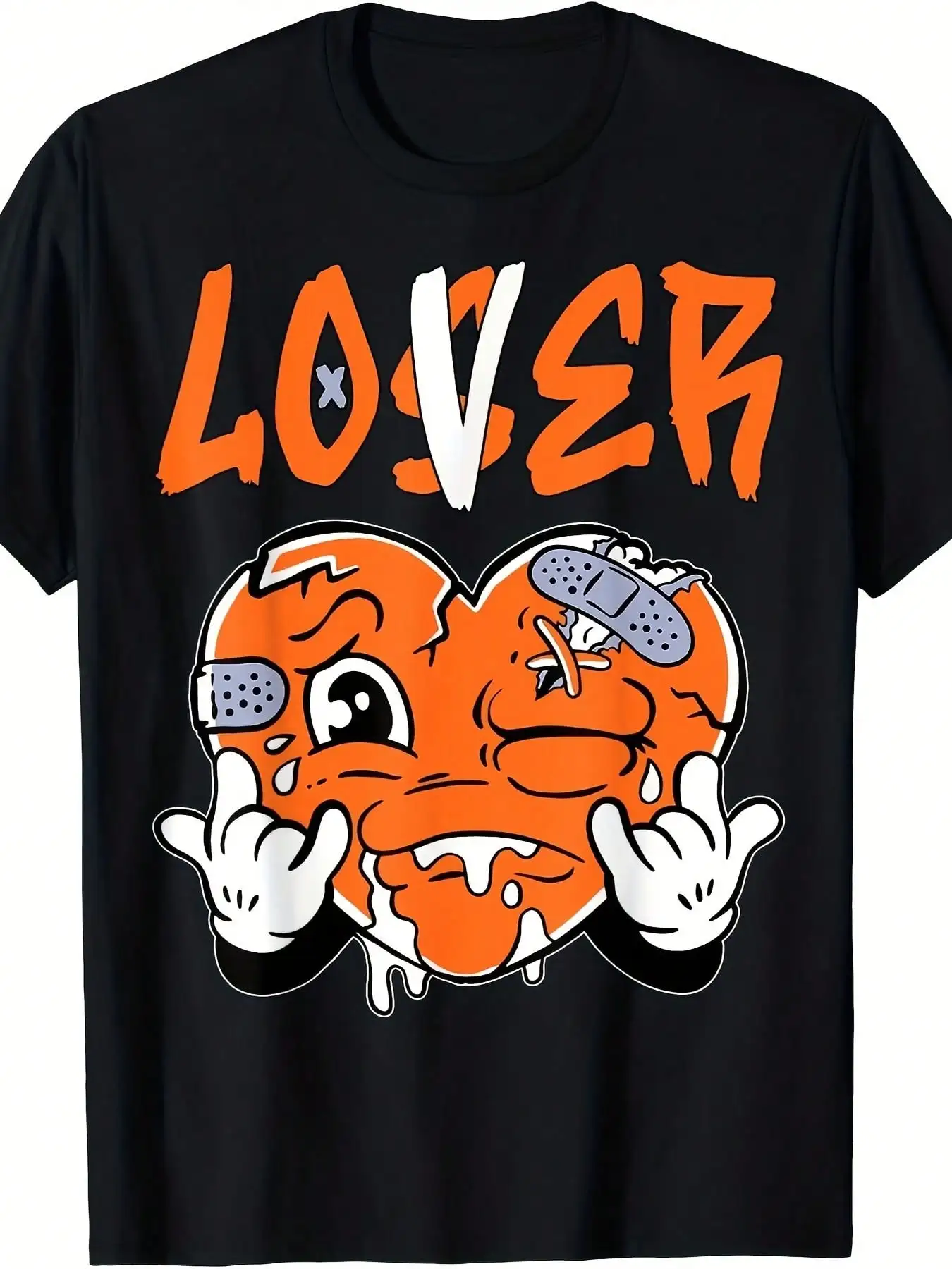 Lover Heart Graphic Cotton T-Shirt For Couples – Black With Orange & White Design, Unisex Casual Wear, Machine Washable, Perfect For Everyday Outings, Beach, Or Parties