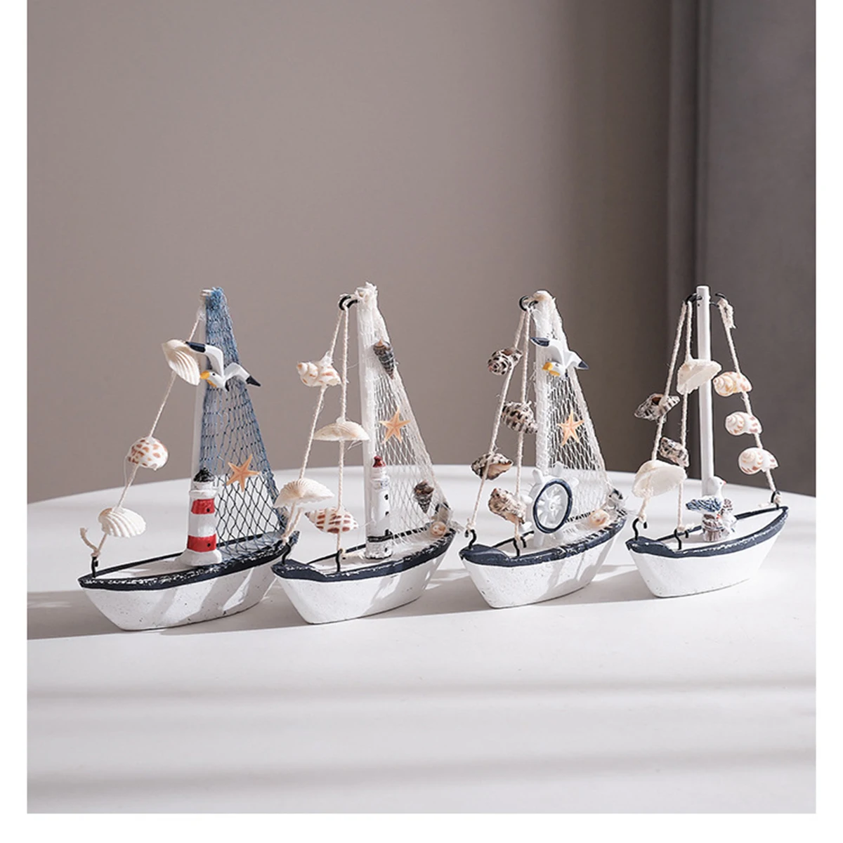 New Mediterranean style shell crack small boat ornament Wooden sailboat model small ornaments  Creative handicraft boat model