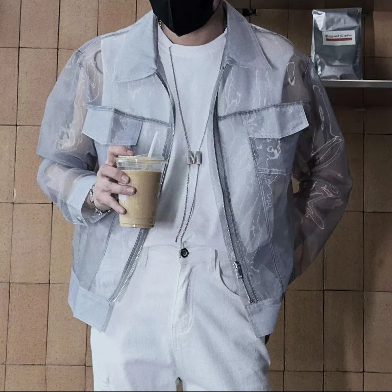 Fashion See-through Thin Jacket Sun Protection Coat Men Summer High Quality Design Zip Up Jacket Loose Streetwear Black Grey New