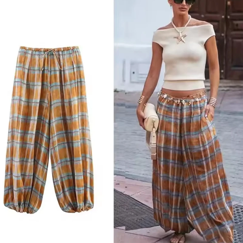 Pantalones bombachos versátiles a la moda de otoño 2025 para mujer, pantalones sueltos con estampado a cuadros, pantalones informales con cordón de cintura alta para mujer