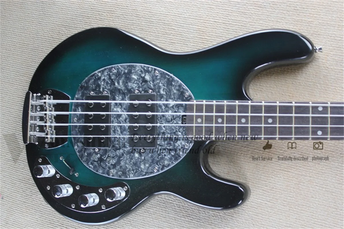 4 Strings Bass Guitar Ray Bass Blue Basswood Body cris pearl Pickguard Active Battery Chrome Bridge
