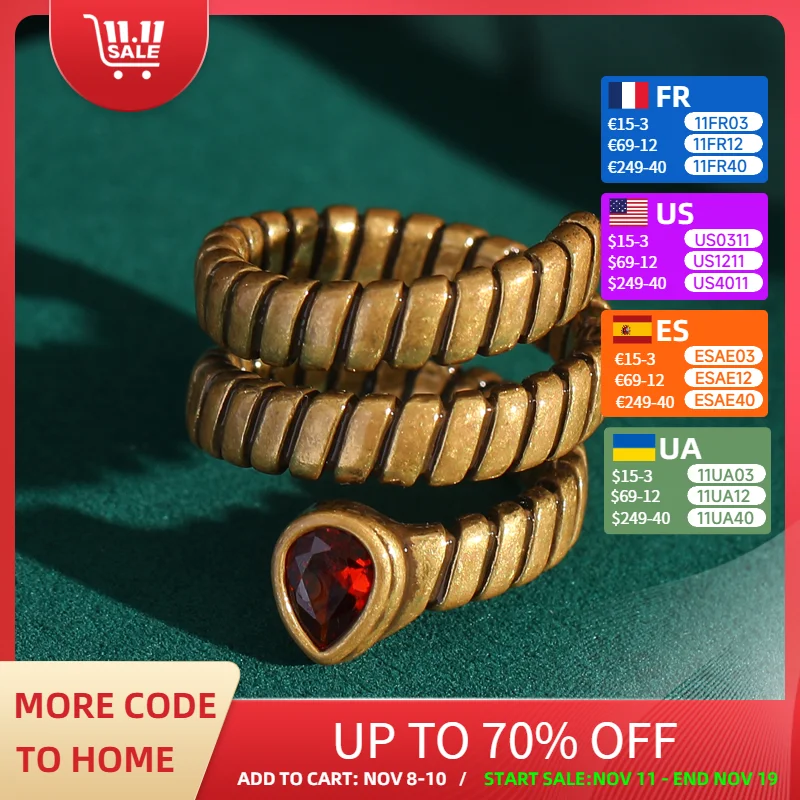 

Retro Jewelry Spiral Striped Red Drop Crystal Snake Ring Gold Color Accessories For Woman Luxury Antique Valentine Day Gift 2025