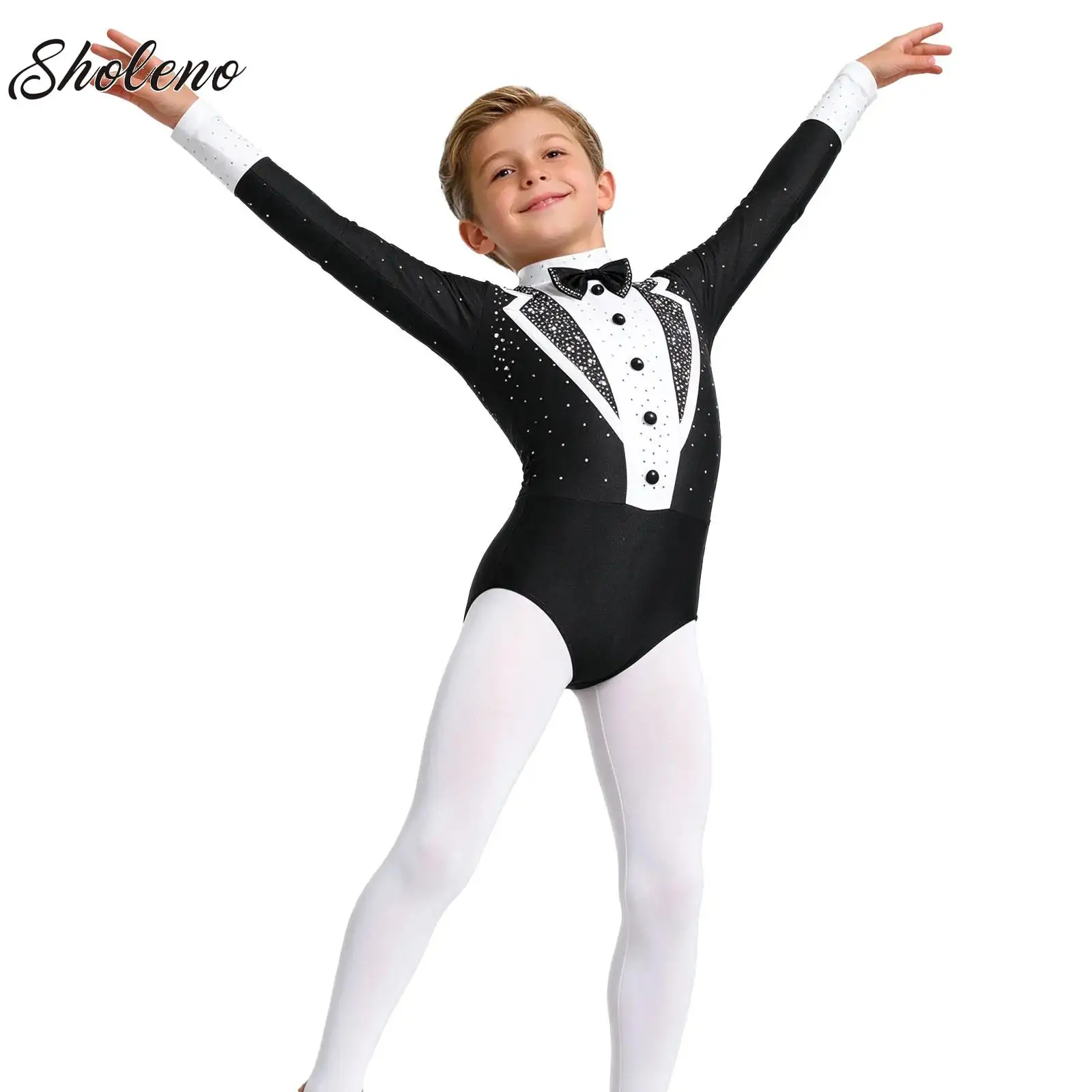 Kids Boys Latin Dance Performance Costume Long Sleeve Shirts Figure Skating One-Piece Romper Bodysuit Ballroom Dancing Clothes