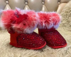 Rabbit Fur Handmade Shoes Crystal Baby Snow Boot Warm Furry First Walkers Slippers Infant Rhinestones Pearls Botties