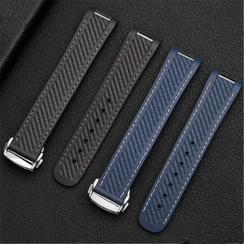 20mm black blue silicone WatchBand for Omega Seamaster 300 Aqua Terra  AT150 8900 rubber Watch strap Men steel buckle bracelet