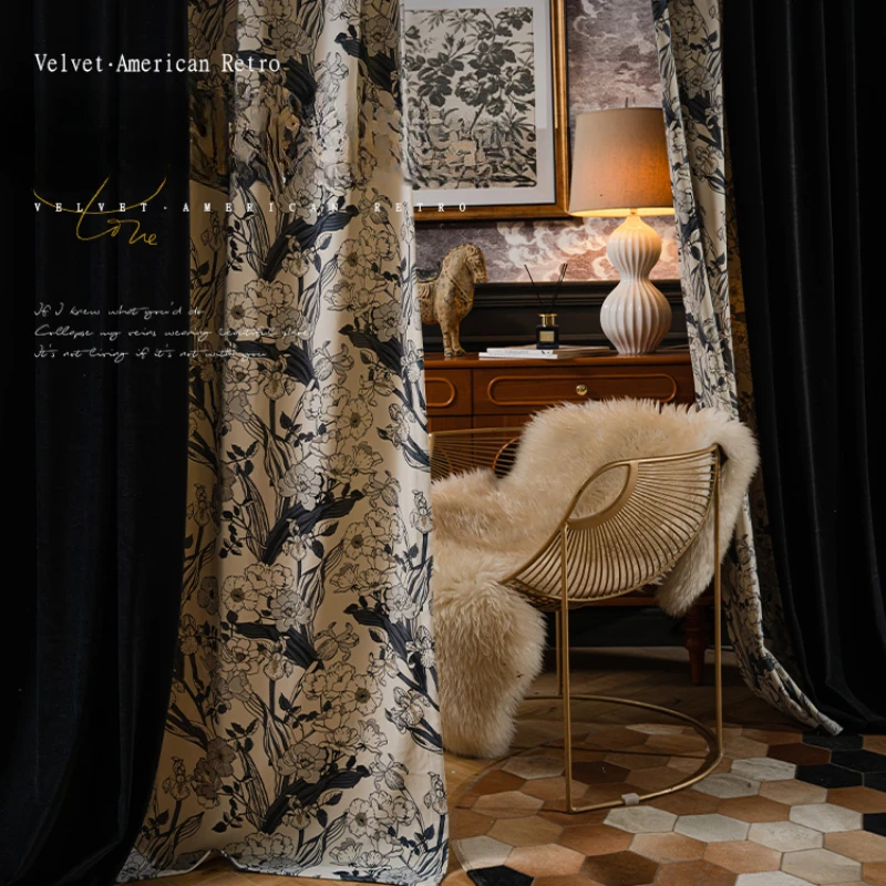 Black Vintage American Floral Luxury Velvet Curtains for Living Room Bedroom Dining Blackout White Tulle Decor Window Custom