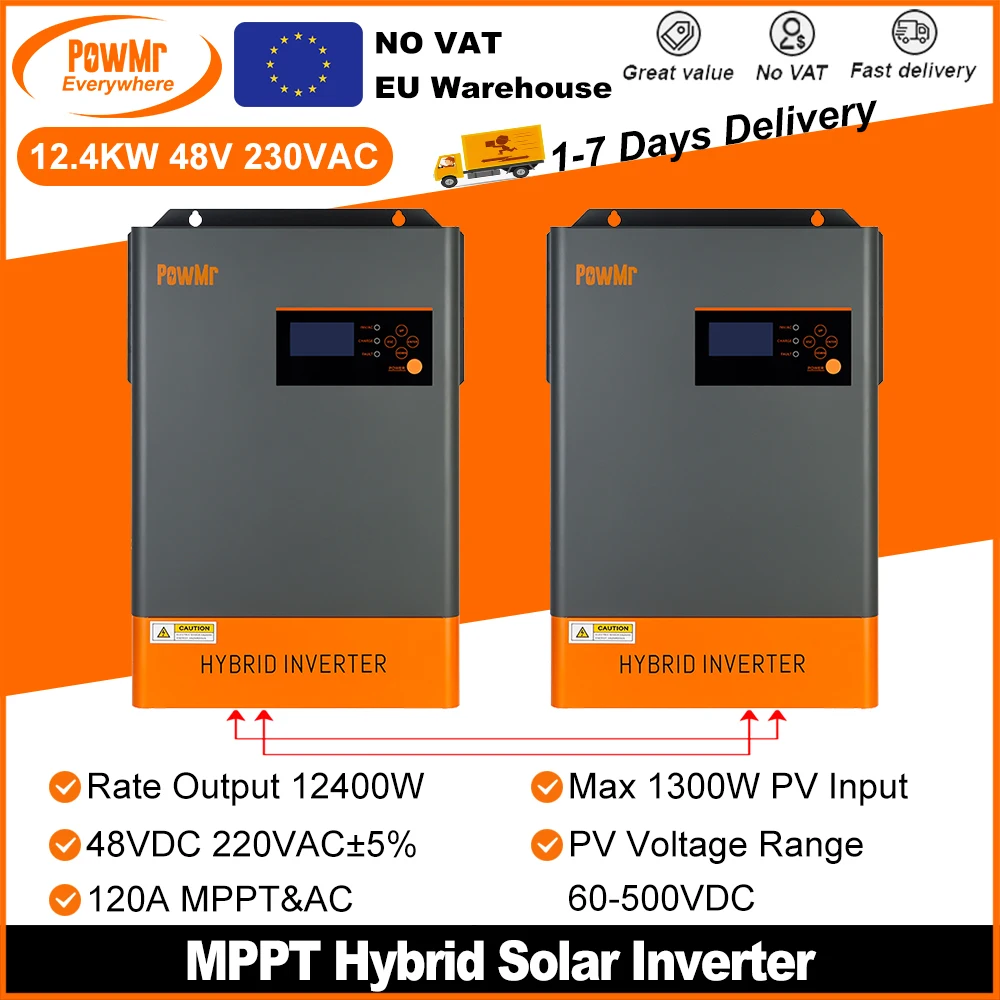 PowMr EU 12.4KW Hybrid Solar Inverters 48V to 220VAC PV 500VDC With 120A MPPT Solar Charge Controller And WIFI Can Parallel 12PC