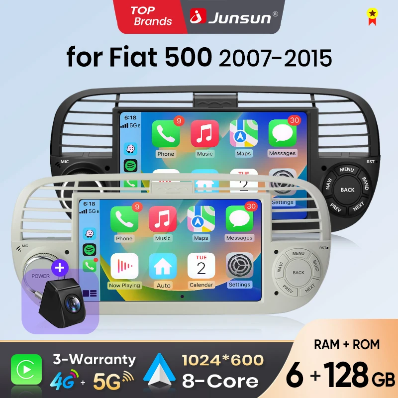 Autoradio Junsun 7 pouces sans fil CarPlay Android Auto pour Fiat 500 500C Abarth 2007-2015, système multimédia intelligent sans fil Apple CarPlay, écran tactile IPS, lecteur vidéo stéréo, autoradio 2