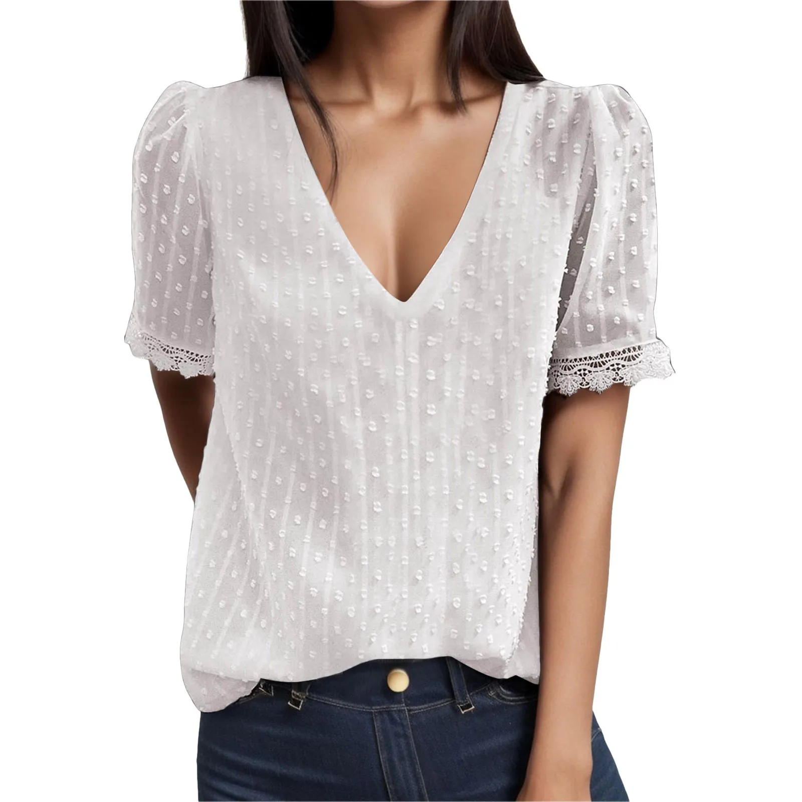 Blusa informal de manga corta con cuello en V para Mujer, camisa de Jacquard elegante para verano, 2023