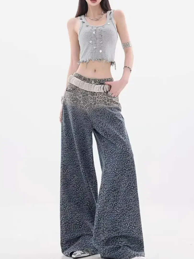 

Retro High Waist Shiny Sequin Leopard Print Wide Leg Casual Jeans Loose Long Trousers Spring 2026 Women's Fashion