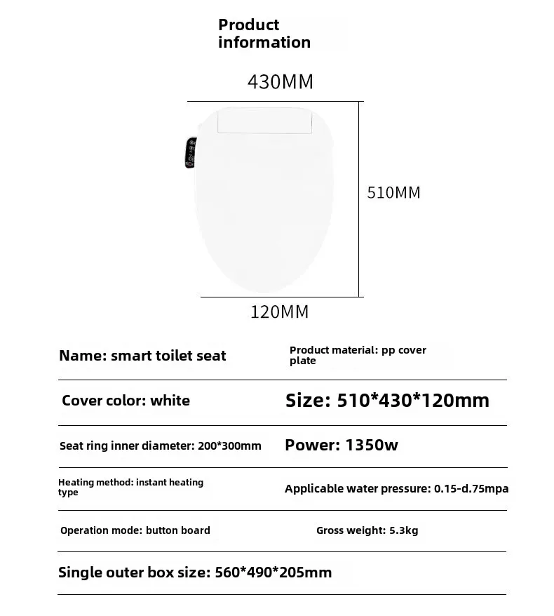 Universal Smart Toilet Seat Cover with Temperature Control and Drying Function