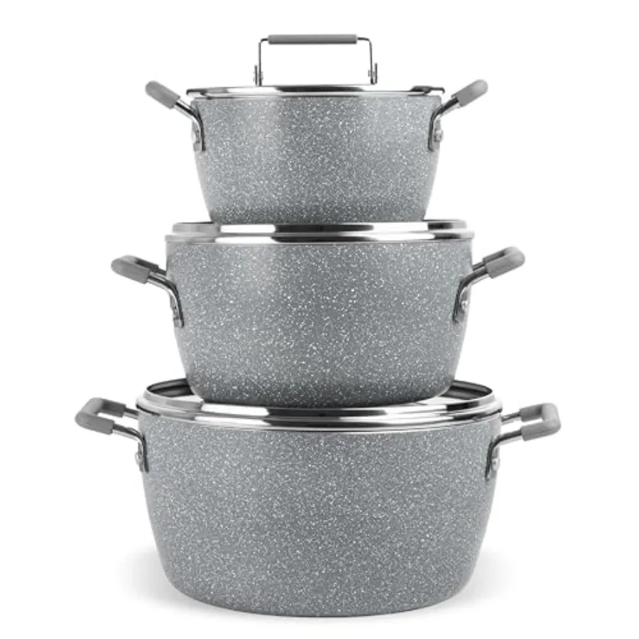 Juego de Ollas y Sartenes Grises Antiadherentes, 6 Piezas Apilables, Juego de Ollas de Cocina con Revestimiento Antiadherente, Ollas de 5qt, 3qt y 1.5qt con Tapa