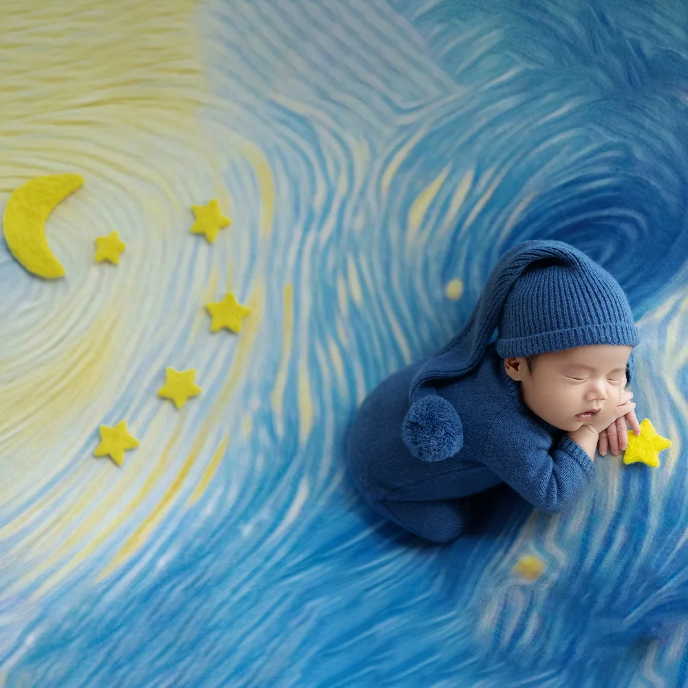 ภาพวาดที่มีชื่อเสียง Starry Night Baby ถ่ายภาพพื้นหลังเครื่องแต่งกายเด็กถักแขนยาว + หมวกหางยาวชุดถ่ายภาพ