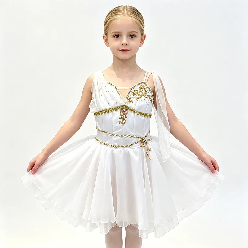 Women ribbon thin strap V neck long ballet performance dress gilded scroll gem embroidery double layer wavy white tulle long ski