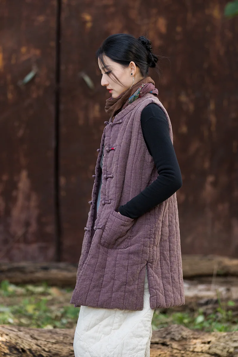 2025 Winter Long Ramie Vest: Vertical Quilting, 'Stir-Fried' Dye & Chinese Style.