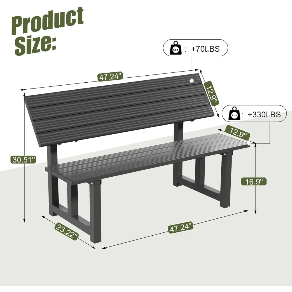 Banco de mesa de picnic de aluminio de 47 pulgadas, banco negro para exteriores cubierto con capacidad de peso de 400 libras para parque, jardín y