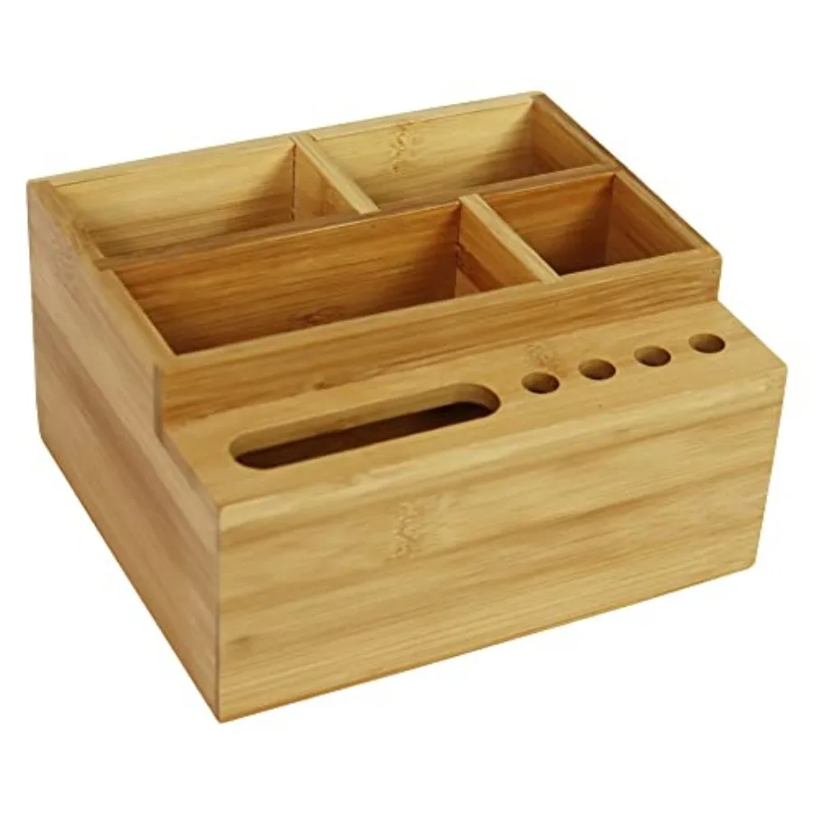 

Bamboo Pen Holder Desk Organizer Pencil Holder Storage with 4 Compartments and 5 Holes for Calculator Mobile Phone Pen Remote C