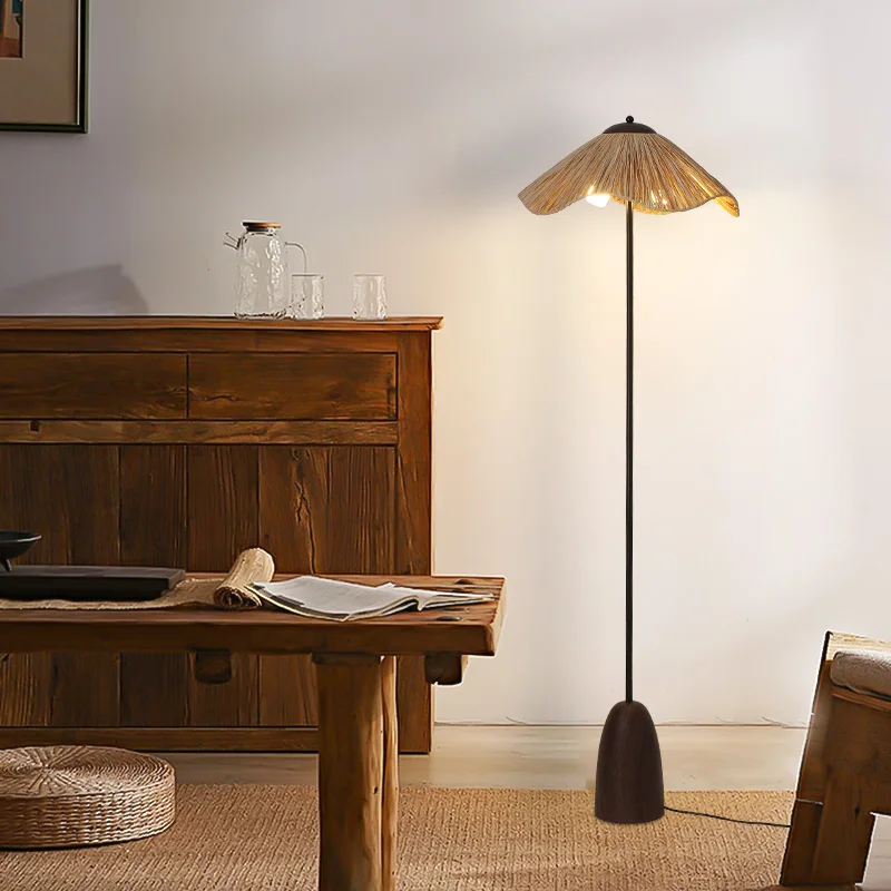 Vintage Wabi Silent Wind Floor Lamp Bedroom Bedside Living Room Sofa Tea Room Homestay Designer Straw Woven Retro Standing Light