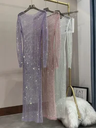Sparkling Rhinestone Mesh See Through Dress Long Sleeve Round Neck Hollow Side Split Dress Sexy Beach Breathable