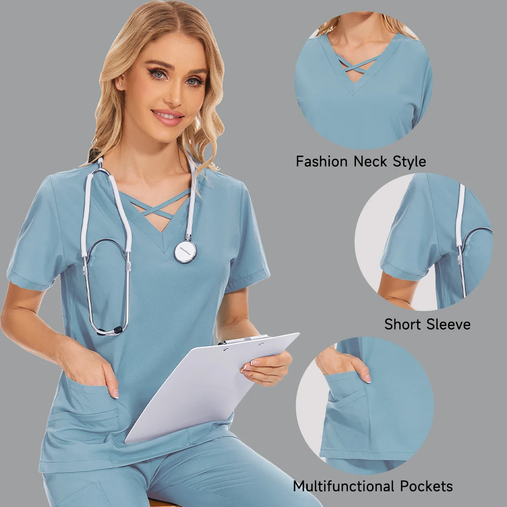 Feminino Médico Bolso Top e Calças Retas Conjunto de Esfoliante, Uniformes de Enfermagem, Salão de Beleza, Doutor, Enfermeira, Clinical Workwear