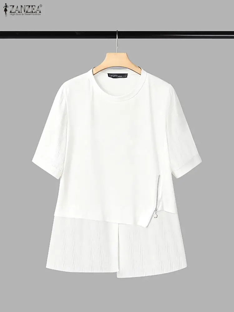 

Женская летняя лоскутная блузка 2025 ZANZEA, модная элегантная рабочая рубашка Mujer, женская сорочка, повседневные топы с круглым вырезом и короткими рукавами, Blusas