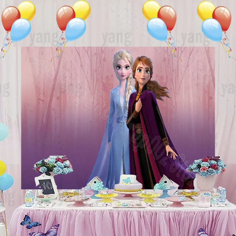 Fondo de fotografía personalizado de dibujos animados de Disney, telón de fondo de princesa Frozen, Elsa, Anna, fiesta de cumpleaños, bosque de hielo púrpura, decoración