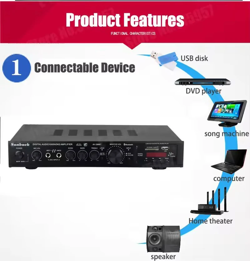 SUNBUCK AV-298BT مرحبا فاي مضخم صوت رقمي 110 فولت/220 فولت المدمج في بلوتوث 5 قناة مكبر كهربائي المسرح المنزلي FM SD USB أمبير