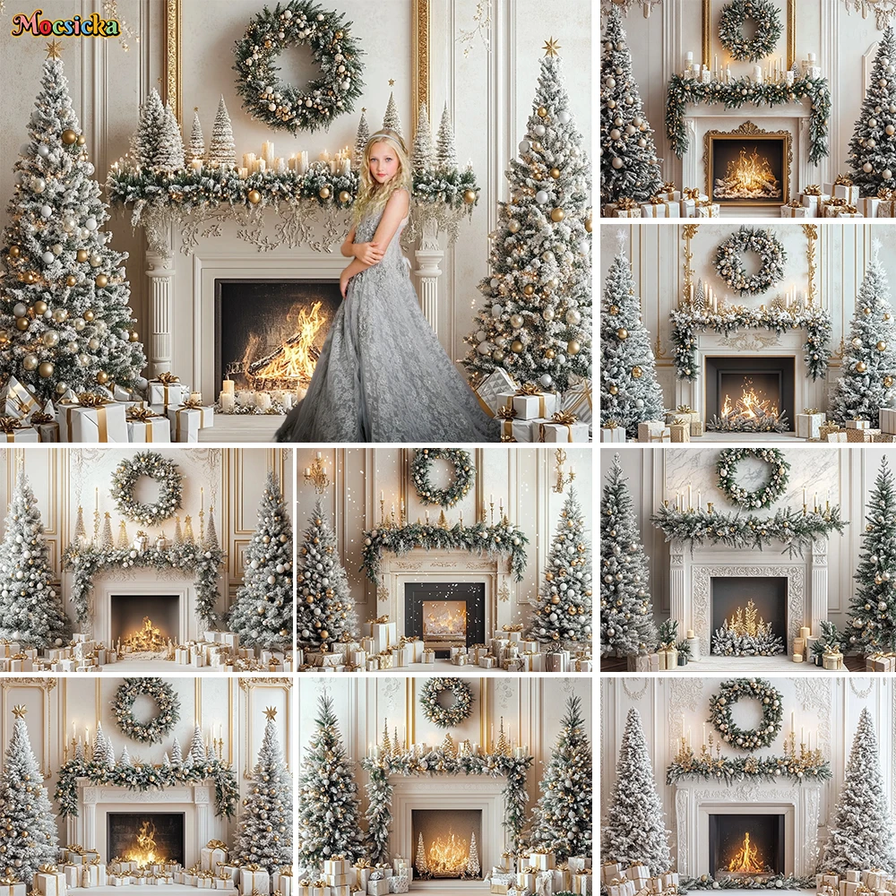 

Vintage White Fireplace Background Photography Christmas Room Xmas Tree Wreath Candle Backdrop Child Birthday Party Gift Booth