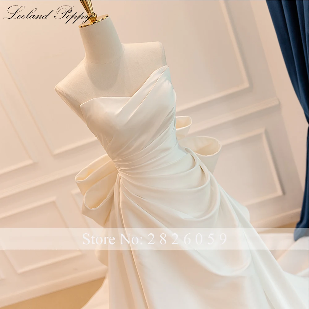 Lceland Poppy Elegant A Line Court Train Satin Wedding Dresses Sleeveless Pleated Bridal Gowns with Bow Knot