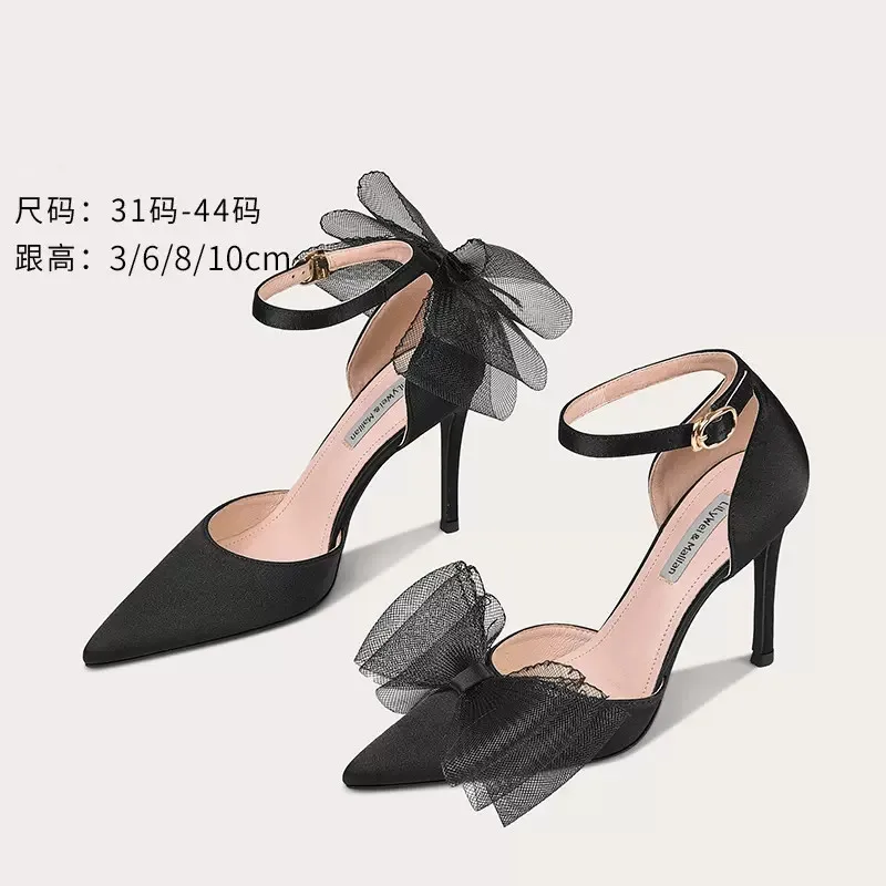 

Spring and summer new style silk face pointy mesh bow sandals thin high-heeled banquet dress large small women's single shoes