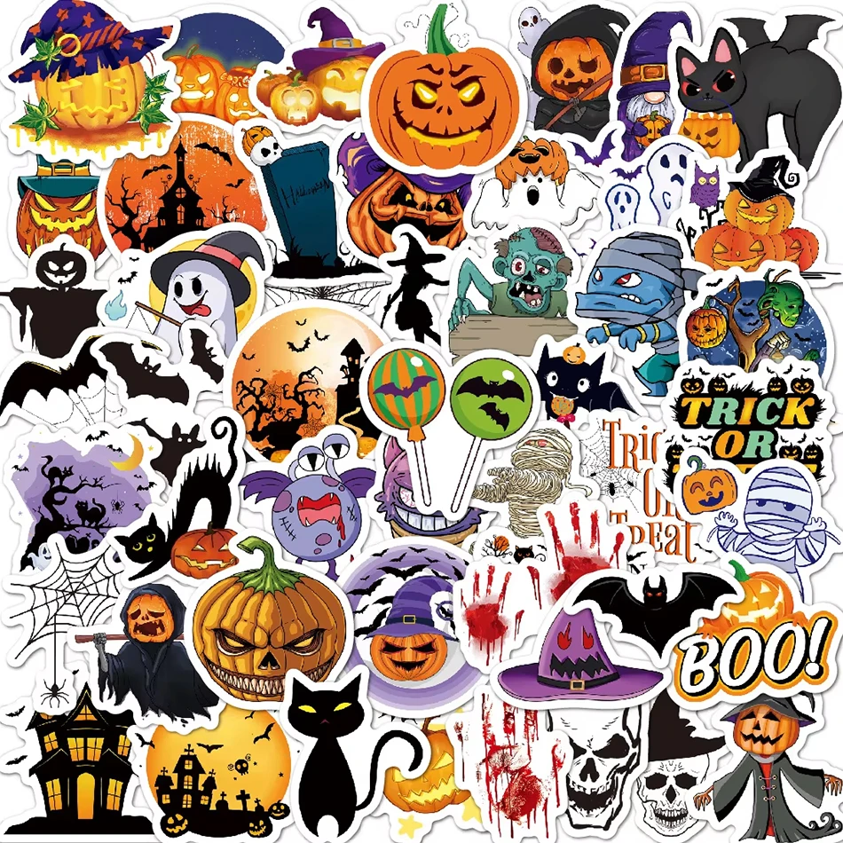 New Halloween Stickers 50 Sheets Mini Cute Small Stickers Halloween Horror Theme Party Decorations Cartoon Graffiti Stickers Toy