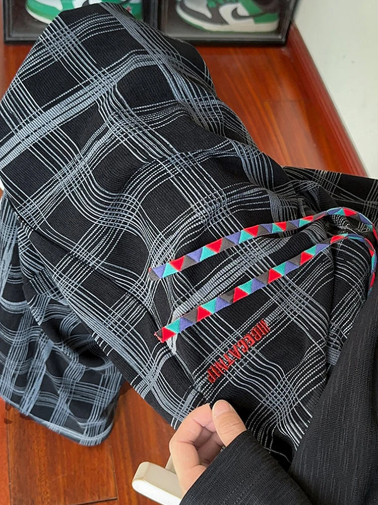 

Embroidered Plaid Pants Men's Casual Straight Leg Wide Leg Drapey Leisure Trousers Vintage American Waist Belt Design