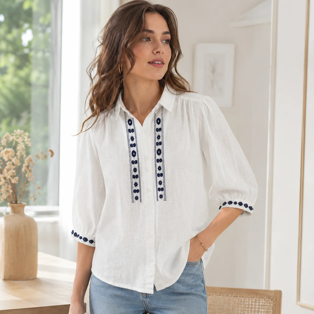 EOENKKY Women Embroidered Cotton Blend Blouse Double Gauze Button Up Shirt Loose Fit Turn-Down Collar Summer Top