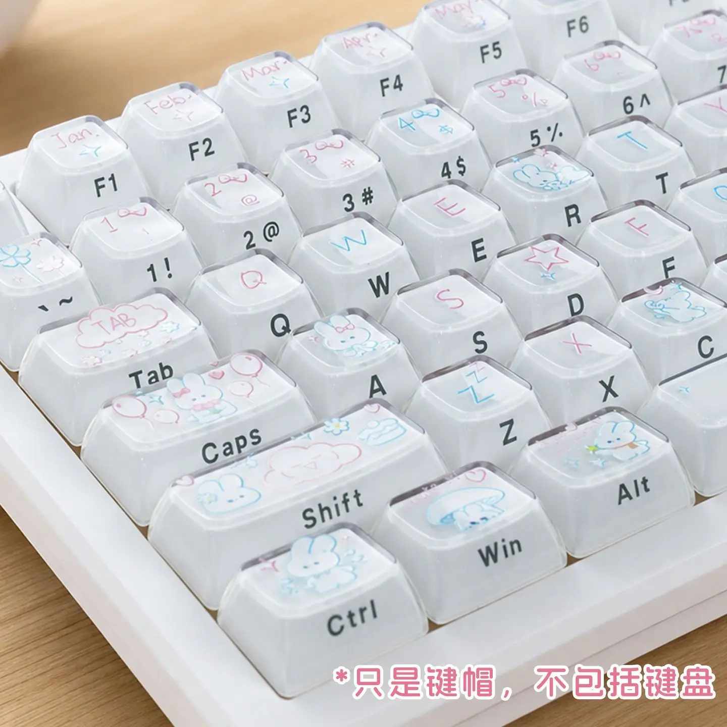 Cute Rabbit Crystal Keycap MDA Profile PBT+PC Material Double-shot Molding Ins Style Keycaps for MX Switch Mechanical Keyboard