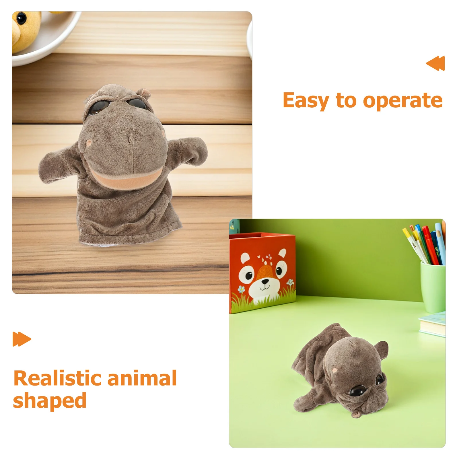 Fantoche interativo de mão de hipopótamo para crianças, design animal realista com boca móvel, ideal para brincar educacional