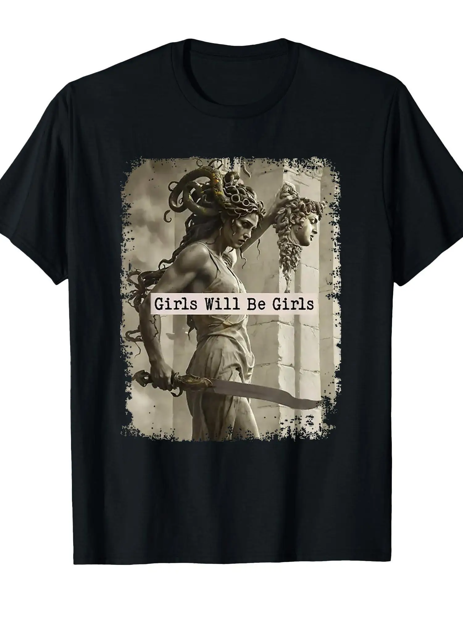 Camiseta de cuello redondo con estampado Medusa "Girl Is Girl" para mujer, con diseño desgastado, adecuada para uso informal en verano