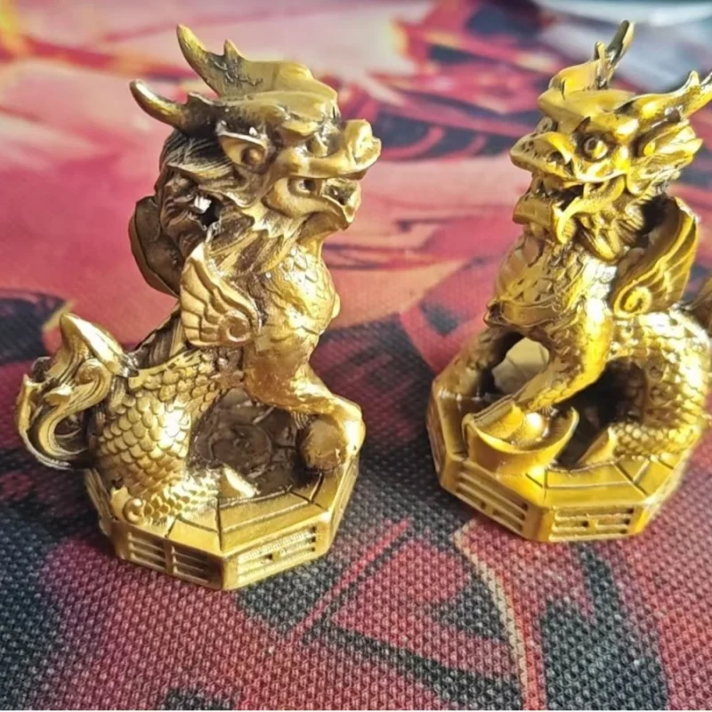 A pair of all-brass ornaments for home use, fortune-bringing Kirin stepping on the Eight Trigrams, office and living room