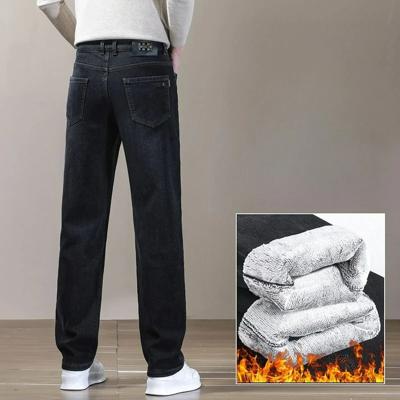 Men's Stretch Straight Fleece Lined Jeans Loose Thick Denim Trousers Autumn Winter Business Casual Long Jeans High Quality Pants