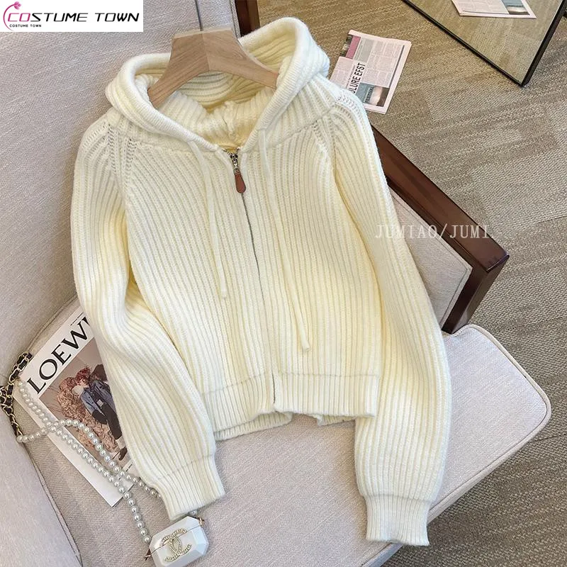 

Autumn and winter new gentle style zipper hooded knitted cardigan slim fit chic long sleeved sweater