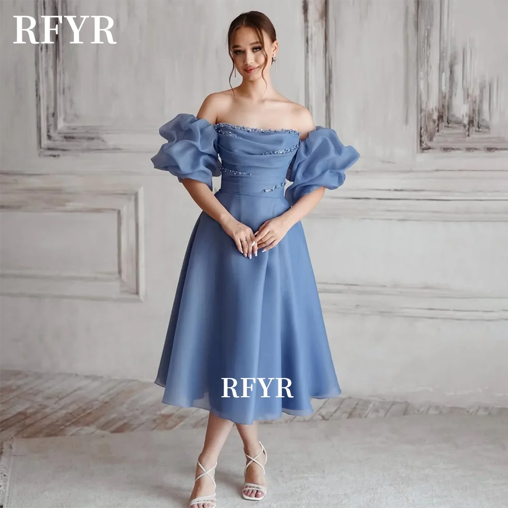 

RFYR Tea Length Evening Dress Detachable Sleeve Prom Dress with Beading Party Dress فساتين مناسبة Customized