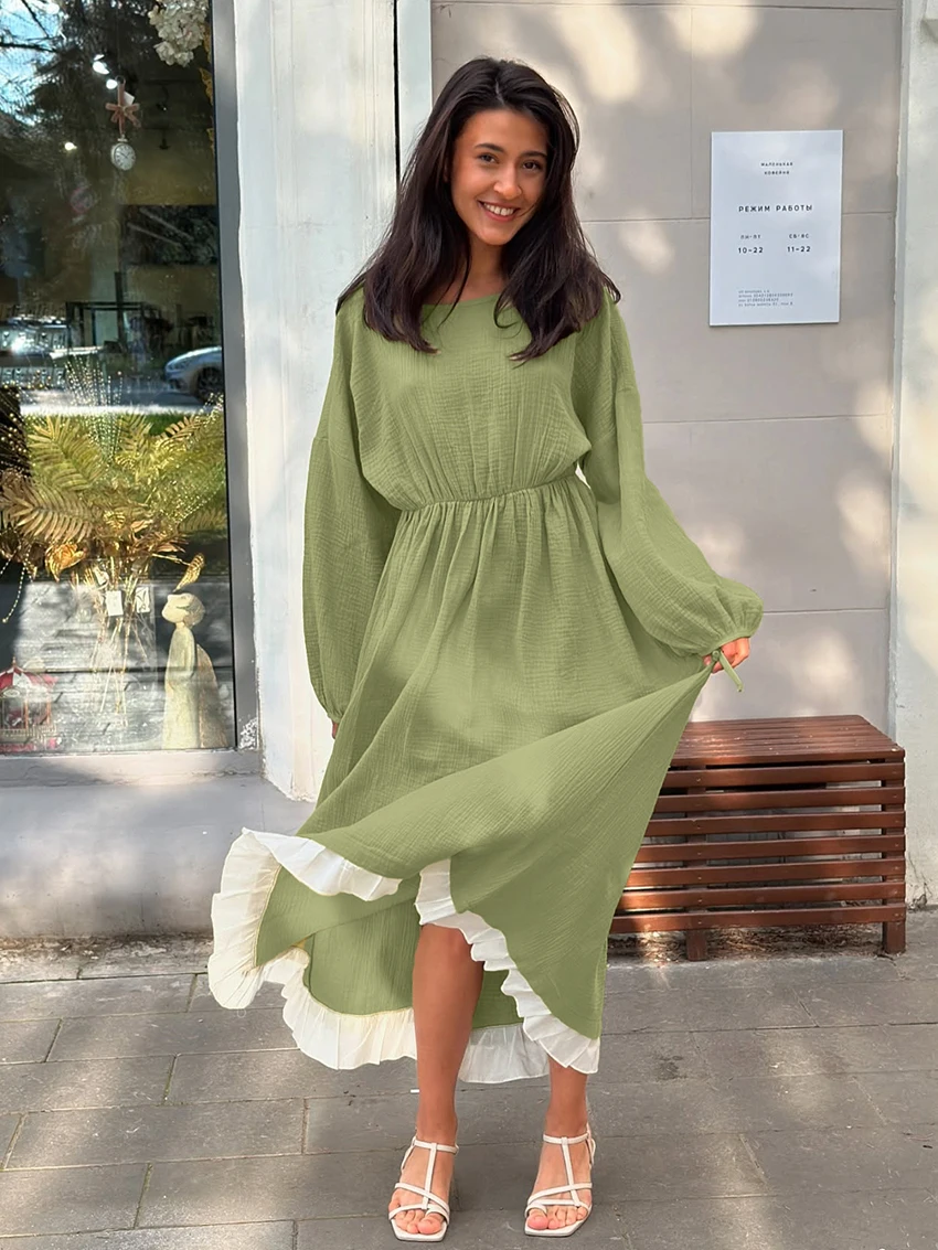 

Marthaqiqi хлопковая женская ночная рубашка на шнуровке, пижама с длинными рукавами, ночная рубашка с круглым вырезом, платье до щиколотки, хлопковая женская ночная рубашка