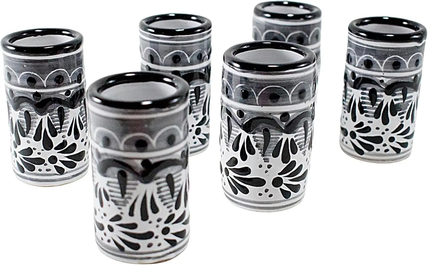 Handmade Mexican Pottery Shot Glasses Set of 6 Pieces - Talavera Poblana Tequila Cups in Blue & White, 2 Oz.